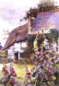 Fagyöngyök egy tetőfedő házikó előtt (akvarell) alkotó: Ethel Davies