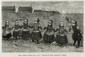 Gyermektáncok Markenben (Hollandia), metszet E.Ronjat rajza alapján, a Neerlande történetének illusztrálására, Charles de Coster 1878-ban, megjelent a tour du monde-ban, Edouard Charton irányításával alkotó: Etienne Antoine Eugene Ronjat