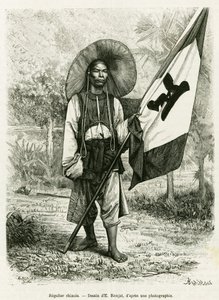 kínai uralom. E.Ronjat metszet, fénykép után, a Trente mois au Tonkin 1884-es történet illusztrálására, Doctor Hocquard, in le tour du monde 1889, rendező: Edouard Charton (1807-1890), Hachette, Párizs. alkotó: Etienne Antoine Eugene Ronjat