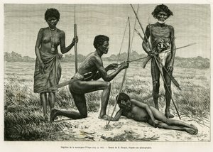 Negritos az Yriga-hegyről. E.Ronjat metszete a Lucon és Palaouan, hat éve a Fülöp-szigeteken című történet illusztrálására, Alfred Marche (1844-1898), in le tour du monde 1886, rendező: Edouard Charton (1807-1890), Hachette, Párizs.