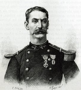 Joseph Gallieni parancsnok portréja az afrikai expedíció során (1879-1882). E. Ronjat metszet egy fénykép után, Joseph Gallieni (1849-1916) parancsnok „Exploration du Haut Niger (Haut Niger)” (a mai Mali) történetének illusztrálására. alkotó: Etienne Antoine Eugene Ronjat