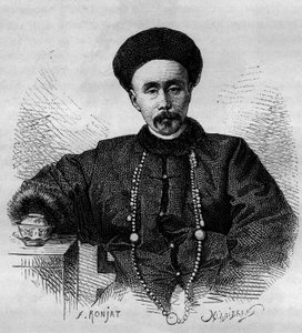 Li Hongzhang (1832-1901), Zhili kínai tábornokának és alkirályának (alkirályának) portréja 1871-től 1895-ig és 1900-tól 1901-ig. Metszet Ronjat rajzából, Thomson fényképéből a „” Le Tour du”-ban Monde, Nouveau Journal des Voyages””, szerkesztette