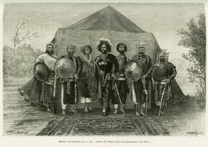 II. Menelik etióp herceg (1844-1913) portréja tábornokaitól körülvéve. Ronjat metszet, fénykép után, a Voyage au Choa (Abyssinie meridionale) történet illusztrálására