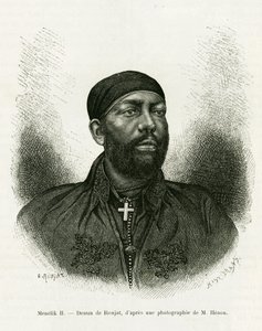 II. Menelik etióp herceg portréja (1844-1913). Ronjat metszet, fénykép után, a Voyage au Choa (Abyssinie meridionale) történet illusztrálására