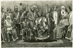 A kasmíri maharadzsa, Rambhir Sing és udvara. E. Ronjat metszete Marie de Ujfalvy-Bourdon (Ujfalvy Bourdon) „Egy párizsi nő portréja a Nyugat-Himalájában” című történetének illusztrálására 1881-ben. Megjelent a Tour du monde 2. félévben alkotó: Etienne Antoine Eugene Ronjat