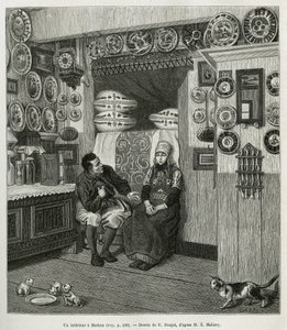 Un interieur à Marken (Pays Bas), metszet E.Ronjat rajza alapján, a Neerlande történetének illusztrálására, Charles de Coster 1878-ban, megjelent a tour du monde-ban, Edouard Charton irányításával. alkotó: Etienne Antoine Eugene Ronjat