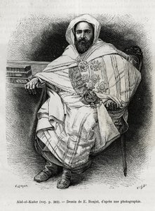 Abd El Kader (1808-1883) algériai emír és szultán, szúfi teológus, politikus és a francia gyarmati hadsereggel szembeni katonai ellenállás, író, költő és filozófus portréja. E.Ronjat metszete a La Syria d