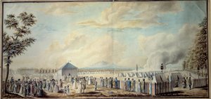 Francia forradalom: „A köztársasági hadsereg leendő vezetőinek Mars Iskola katonai tábora” Etienne Bericourt akvarellje (18. század) 1794 Párizs, B.N.