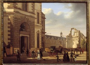 A Louvre Múzeum bejárata és a Saint Louis du Louvre romjai. Kilátás Párizsra. Etienne Bouhot (1780-1862) festménye