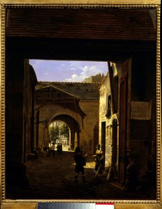 Egy autós ház udvara a rue Saint Denis utcában, amely Sainte Catherine Scene-ként ismert, Párizs 1. kerületében. Etienne Bouhot (1780-1862) festménye 1832 V. 0,27x0,22 m Párizs, Musee Carnavalet.