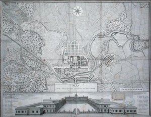 Rastadt város térképe, környéke és a Schloss (metszet) alkotó: Etienne Claude Voysard