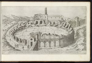 Castrense amfiteátrum Rómában Bouwwerken uit de oudheid (sorozat címe) Az ókori Róma maradványait Stefano Du Perac Parisino gyűjtötte össze és fényképezte perspektivikusan (a sorozat címe a tárgyon) alkotó: Etienne Duperac