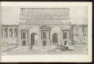 Porta Maggiore Rómában Bouwwerken uit de oudheid (sorozat címe) Stefano Du Perac Parisino Róma ókorának maradványait gyűjtötte össze és portrékat perspektívában (sorozat címe a tárgyon) alkotó: Etienne Duperac
