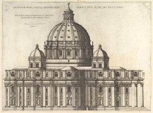 The Roman Mirror of Magnificence: Elevation Showing the Exterior of Saint Peters Basili..., 1558-61. alkotó: Etienne Duperac