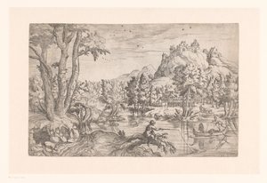 Táj halász és kastély a hegy tetején alkotó: Etienne Dupérac (attributed to)