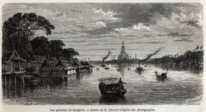 Bangkok (Thaiföld) általános képe, E.Bocour rajza Henri Mouhot 1858-tól 1861-ig tartó sziámi, kambodzsai és laoszi utazásának szemléltetésére. Metszet a „” Le tour du monde”-ban, szerkesztette Edouard Charton