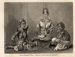 Sziámi drámaművészek, E.Bocour rajza Henri Mouhot 1858-tól 1861-ig tartó sziámi, kambodzsai és laoszi utazásának illusztrálására. Metszet a „” Le tour du monde”-ban, szerkesztette Edouard Charton