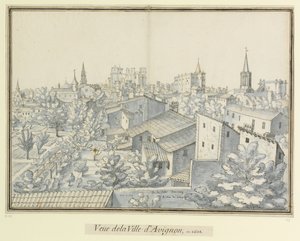 De la Ville Davignon  A. tour du College  1608 en Aoust : Veüe de la Ville d