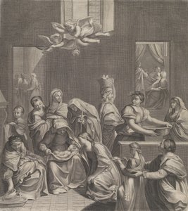 A Szűzanya születése, nő ül csecsemővel az ölében, sok nő körül..., 1677. alkotó: Etienne Picart