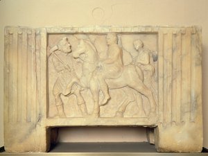 Alabástrom urna az alvilágba lovagolt elhunyttal, Kr.e. 9.–1. század (alabástrom) alkotó: Etruscan