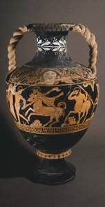 Amfora a Kentauromachy festőjétől. Piros alakos kerámia Poranoból (Umbria). Az etruszk civilizáció. Kr.e. 4. század. alkotó: Etruscan