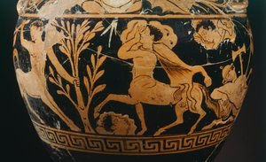 A Centauromachy festőjének amforája, egy kentaurt ábrázoló részlet. Piros alakos kerámia Poranóból (Umbria). Etruszk civilizáció, Kr. e. 4. század. alkotó: Etruscan