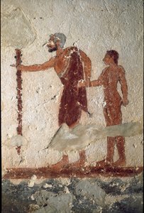 Egy öregember egy fiatalember kíséretében (Freskó, részlet, Kr.e. 530) alkotó: Etruscan