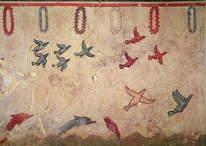 Vízi madarak és ugráló delfinek, a Vadászat és halászat sírjából, ie 520-10 körül (falfestmény) alkotó: Etruscan