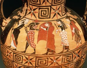 Fekete figurás amfora Párizs ítéletét ábrázolva (kerámia) alkotó: Etruscan