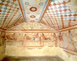 Leopárdok etruszk sírja, a Tarquinia bankettjelenetét bemutató freskó. Kr.e. 5. század, Olaszország (freskó)