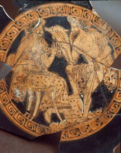 Etruszk antikvitás: egy kylix részlete, amely Poszeidónt és Amfitritet ábrázolja. Falerii Veteresből (Civita Castellana) a Kr.e. 6. századból. Róma, a Villa Giulia Nemzeti Múzeuma alkotó: Etruscan