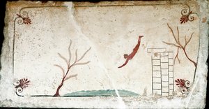 Etruszk művészet: Egy fiatal úszó búvár. A „búvár” sírjának freskója. Paestum déli temetőjéből. Kr.e. 480-470. Museo Archeologico Nazionale, Paestum