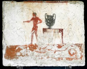 Etruszk művészet: fiatal meztelen ephebe egy asztal mellett, ahol egy vázát helyeznek el. A „búvár” sírjának freskója. Paestum déli temetőjéből. Kr.e. 480-470. Museo Archeologico Nazionale, Paestum alkotó: Etruscan