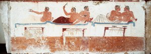 Etruszk művészet: bankettjelenet. A „búvár” sírjának freskója. Paestum déli temetőjéből. Kr.e. 480-470. Museo Archeologico Nazionale, Paestum alkotó: Etruscan