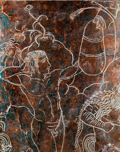 Etruszk művészet: a bronz Ficoroni Cistus részlete, amely az argonauták legendáját jelképezi: pugilátában gyakorló argonauta. Preneste-ből (Palestrina). Kr.e. 340. Villa Giulia Nemzeti Múzeum, Róma alkotó: Etruscan