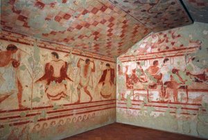 Etruszk művészet: bankettjeleneteket ábrázoló freskók. A Triclinium sírja. Kr.e. 5. század. Tarquinia Olaszország Nemzeti Régészeti Múzeuma