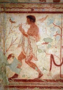 Etruszk művészet: bankettjeleneteket ábrázoló freskók, furulyás részlet. A Triclinium sírja. Kr.e. 5. század. Tarquinia Olaszország Nemzeti Régészeti Múzeuma alkotó: Etruscan