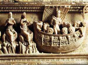 Etruszk civilizáció, alabástrom urna, Odüsszeuszt és Sziréneket ábrázoló domborműrészlet alkotó: Etruscan