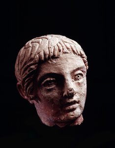 Etruszk civilizáció: egy fiatal férfi feje az orvietói Belvedere templomból - Kr.e. 5-4. század Átm. 13 cm alkotó: Etruscan