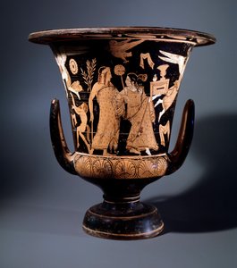 Etruszk civilizáció: terrakotta kráterdísz Nazzano festője Apollót és menádot ábrázoló, Kr.e. 350 Méret: 57 cm, Civita Castellana helyéről alkotó: Etruscan