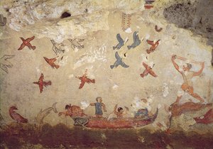 Halászok csónakban és repülő madarak, a Halászat és Vadászat sírjából, ie 520-510 körül (falfestmény) alkotó: Etruscan