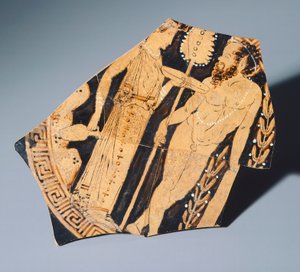 Kylix a Villia Giulia festőtől, töredék. Vörös alakos kerámia. Etruszk civilizáció, Kr. e. 4. század. alkotó: Etruscan