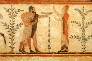 Férfi és gyermek a halott hős előtt, a báró sírjából, Kr.e. 500 körül (falfestmény) (részletesen lásd: 407469) alkotó: Etruscan