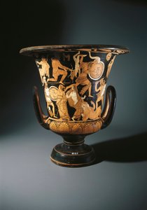 Piros formájú kerámia, kelyhes kráter Neoptolemust, Astyanaxot, Trójai Helénát és Priamót a földön, Nazzano festőtől, Civita Castellanától alkotó: Etruscan