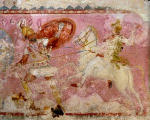Amazónok szarkofágja festett csatajelenettel, fehér mészkő, Tarquinia, Latium régió, Olaszország, részlet alkotó: Etruscan
