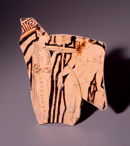 A maenádot és egy szatírt ábrázoló kylix terrakotta töredéke, ie 350 alkotó: Etruscan