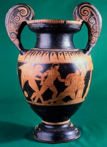 A mainzi festő által készített volutás kráter, amely egy harcost és egy amazont ábrázol. Vörös alakú kerámia. Etruszk civilizáció, Kr. e. 4. század. alkotó: Etruscan