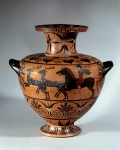 Kerámia hidroe fekete figurákkal, Caere néven. Arc: szarvasvadászat Hátoldalon: két bikaszárny ellentétes irányba vágtat. Körülbelül ie 540-530. V 0,4 m Párizs, Musee du Louvre alkotó: Etruscan Etruscan