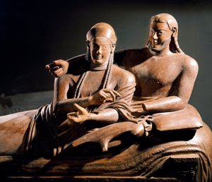 Etruszk művészet: Sarcophagus des spouses, terrakotta sulpte pár a temetési ágyon - Részlet, Cerveteriből, Olaszországból. Kr.e. 525-500. Párizs, musee du Louvre - etruszk civilizáció: a házastársak szarkofágja - Terrakotta szobor (részlet) Cerve-ből