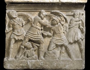 Etruszk művészet: „” Eteoklész és Polüniké”” a két testvér, Oidipusz fia, Bas dombormű Chiusi szarkofágjáról, Kr.e. 3. század - Palermo, Museo Archeologico Nazionale - Párbaj Eteoklész és Polinikész testvérek, Oidipusz fiai között - Bas -könnyítés, detai